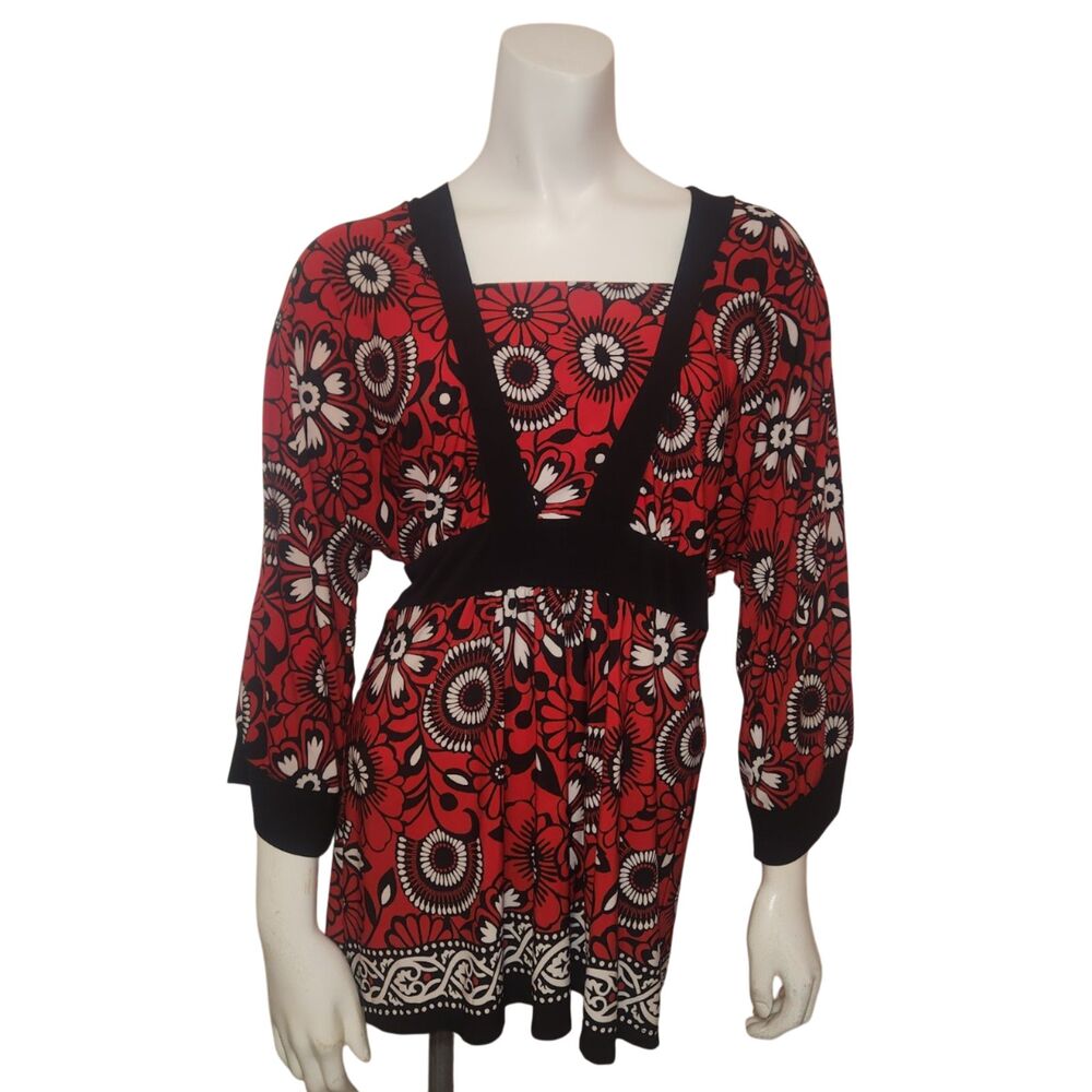 DRESS BARN Peplum Kimono Blouse Red and Black Floral Pattern Womens Size Large